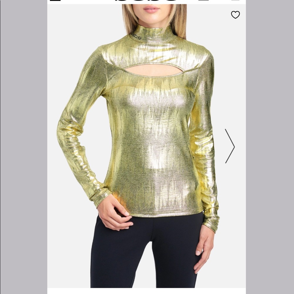 BEBE LOGO METALLIC KEYHOLE LONG SLEEVE TOP, LARGE